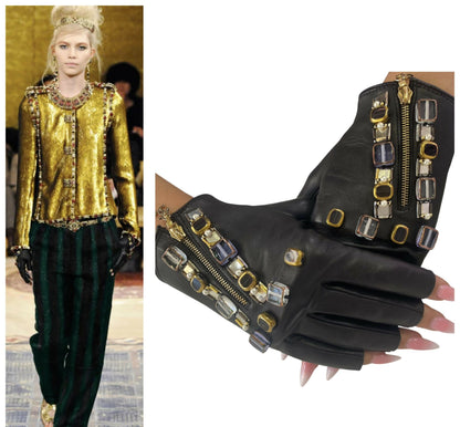 RARE New Chanel 11A Paris Byzance Black Leather Stones Gloves Size 7