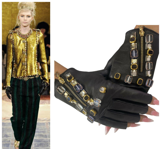 RARE New Chanel 11A Paris Byzance Black Leather Stones Gloves Size 7