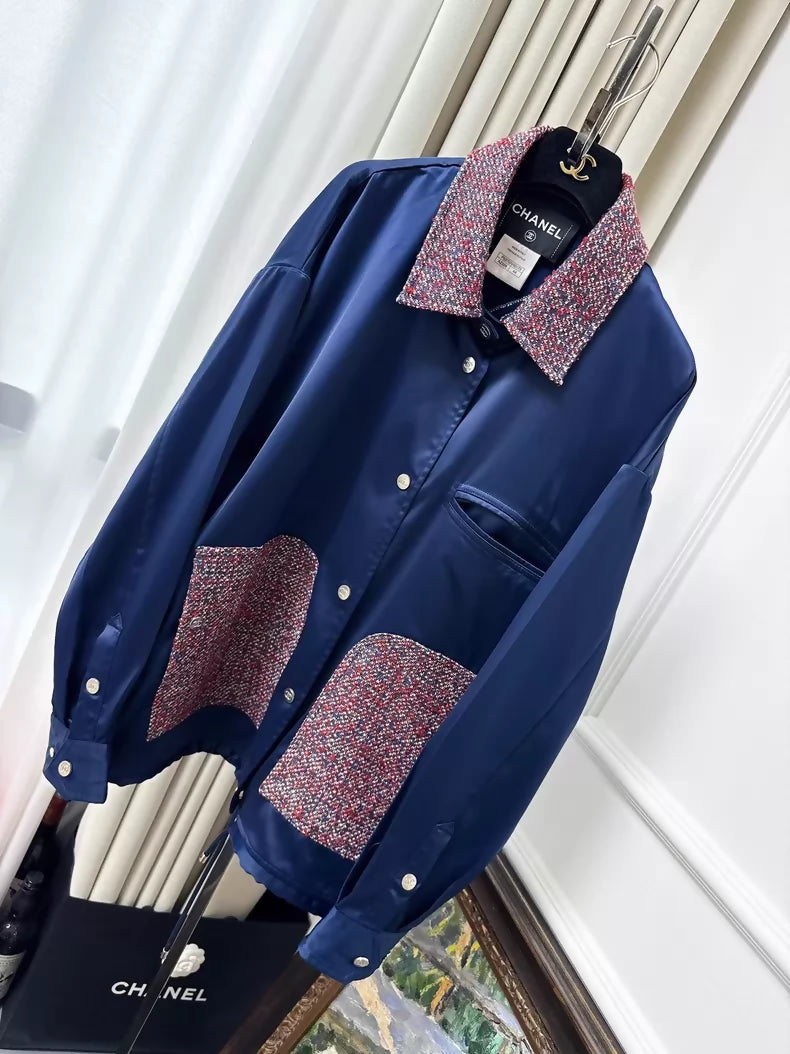 Chanel 16P navy blue satin jacket with burgundy tweed pockets