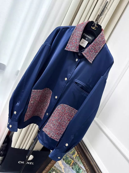 Chanel 16P navy blue satin jacket with burgundy tweed pockets