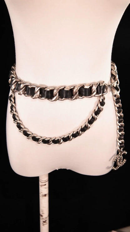 Chanel black and silver leather chain with a rhinestone CC pendant and double waist chain