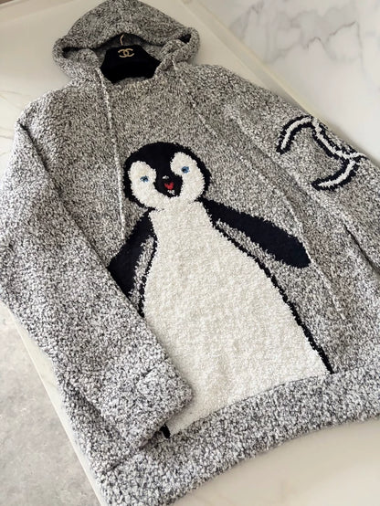 Chanel 07A Penguin Grey Cashmere Hooded Knit Sweater