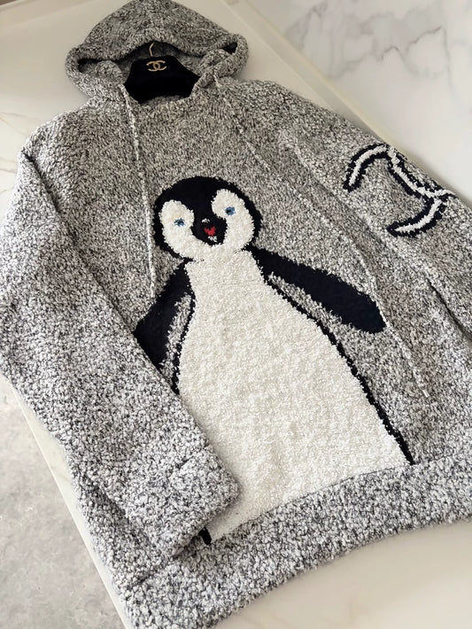 Chanel 07A Penguin Grey Cashmere Hooded Knit Sweater