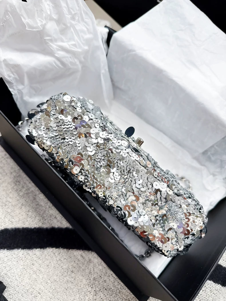 Chanel 22B Silver Sequin CF Mini Chain Shoulder Bag