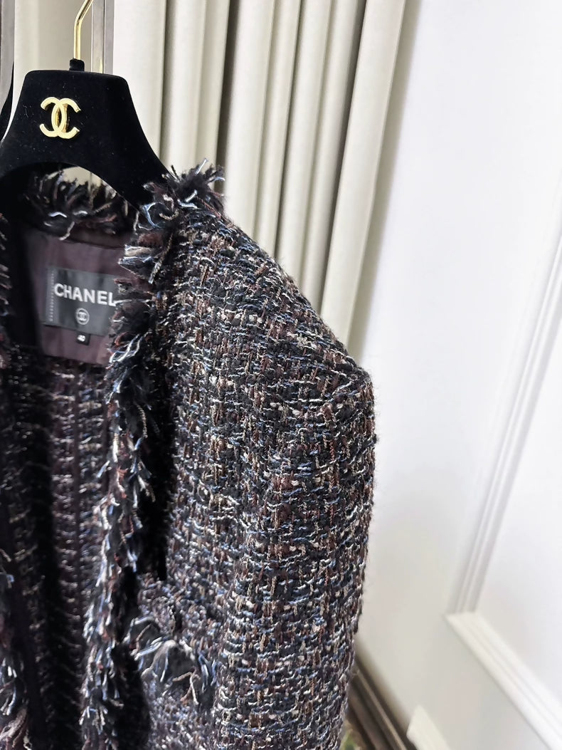 Chanel 19K grey Mixed Color Tweed Fringed Long Coat