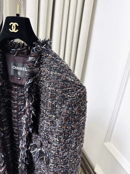 Chanel 19K grey Mixed Color Tweed Fringed Long Coat