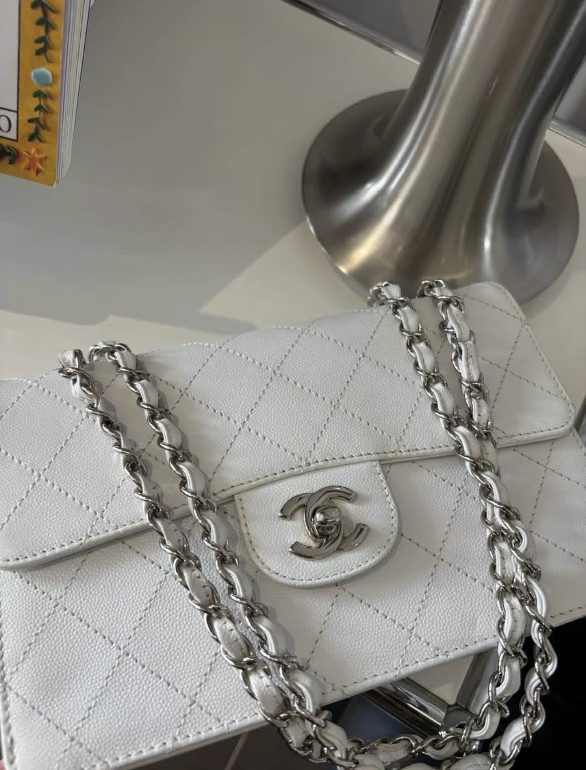 Chanel White Caviar Leather Classic Double Flap Shoulder Bag