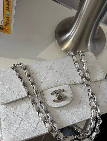 Chanel White Caviar Leather Classic Double Flap Shoulder Bag