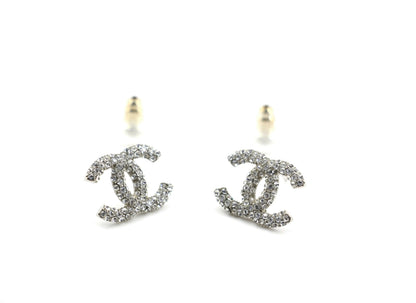 Chanel B18S Rhinestone Classic Silver CC Stud Earrings