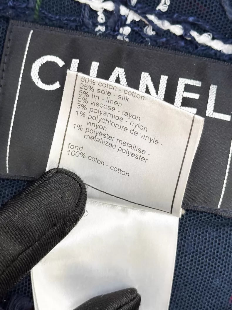 Chanel 08S blue and red tweed jacket with gold chain