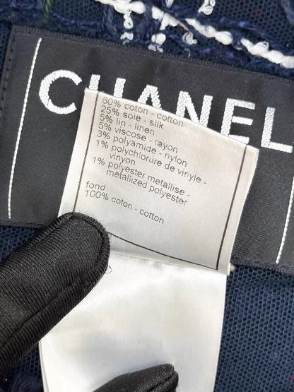 Chanel 08S blue and red tweed jacket with gold chain