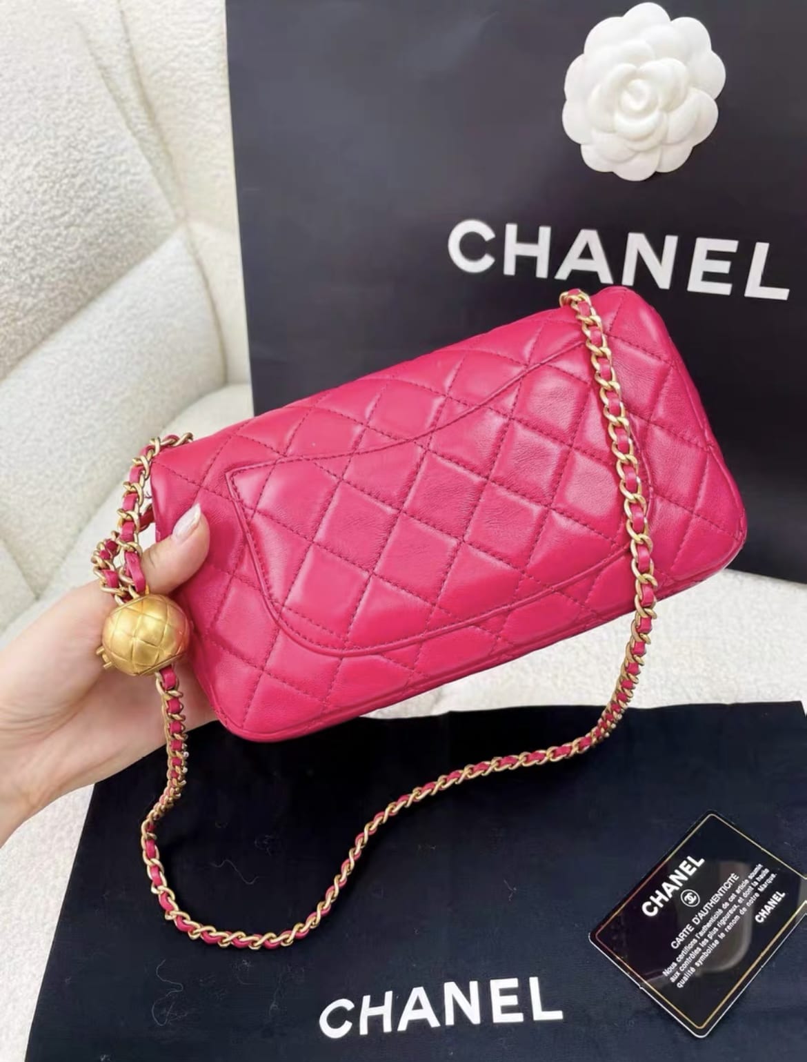 Chanel rose red gold ball cf large mini chain bag