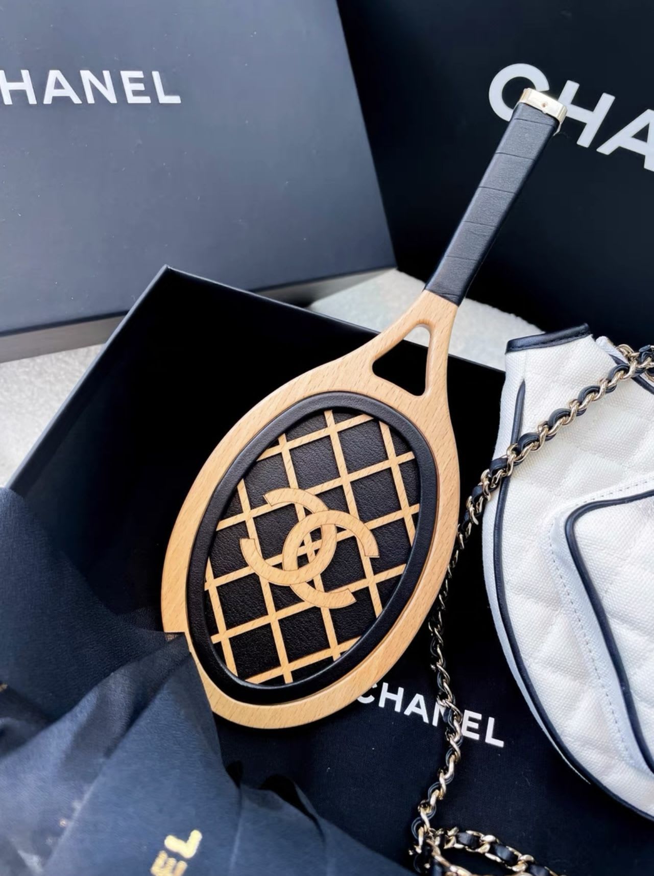 Chanel 23C White Quilted Tennis Racket Mirror *Collector's Piece*