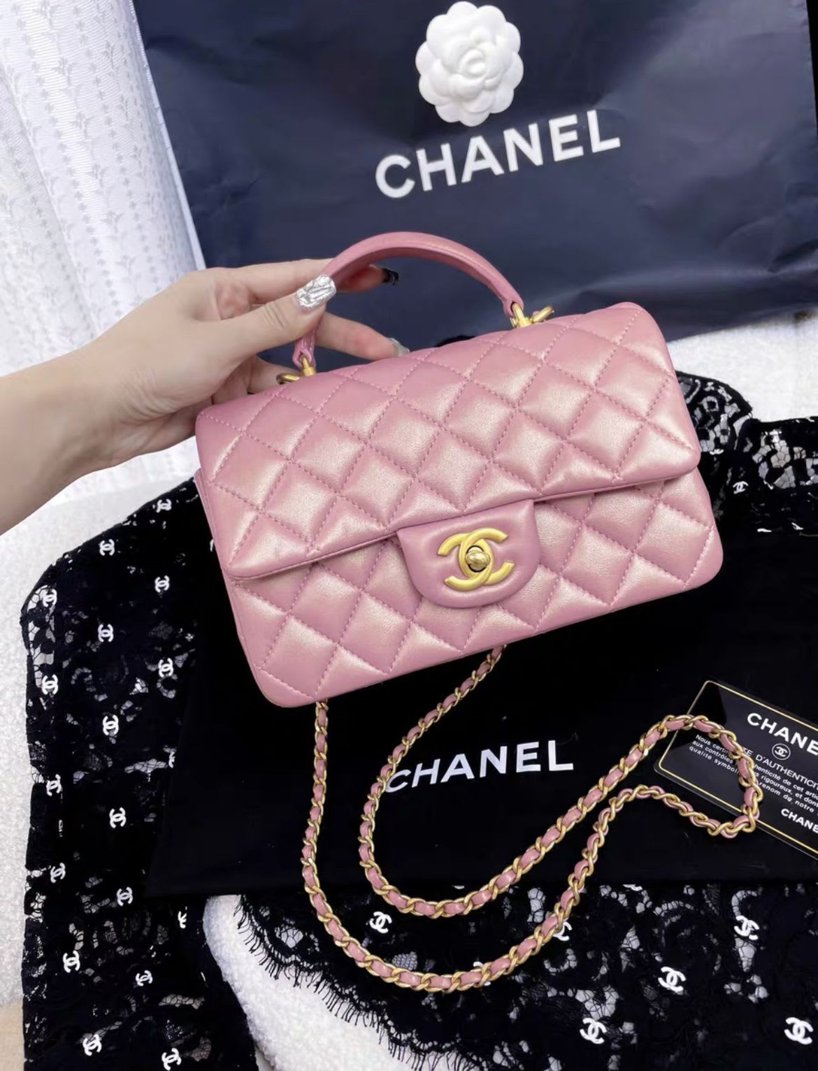 Chanel Mini Rectangular Flap Bag with Top Handle Pink Iridescent