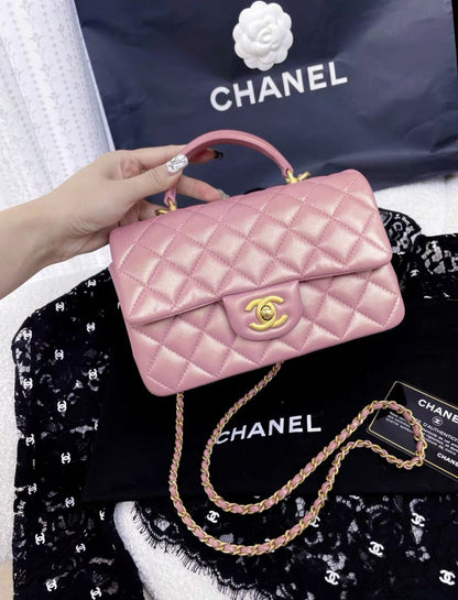 Chanel Mini Rectangular Flap Bag with Top Handle Pink Iridescent Lambskin Antique Gold Hardware