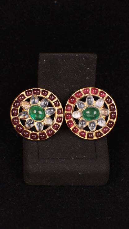 Chanel 1994 Openwork Red and Green Flower Glass Clip-on Earrings