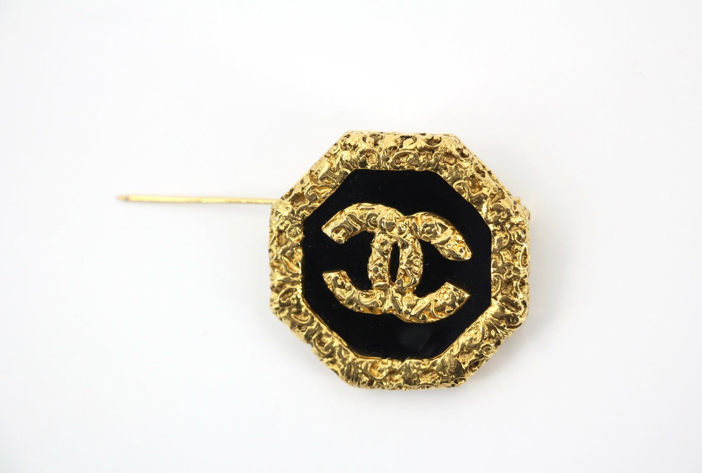 Chanel Vintage 93A Lava Octagonal CC Logo Black and Gold Tone Brooch