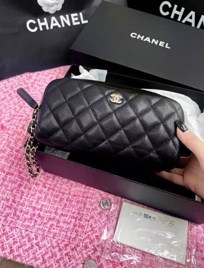 Chanel 24 black gold lychee leather makeup toiletry bag clutch –