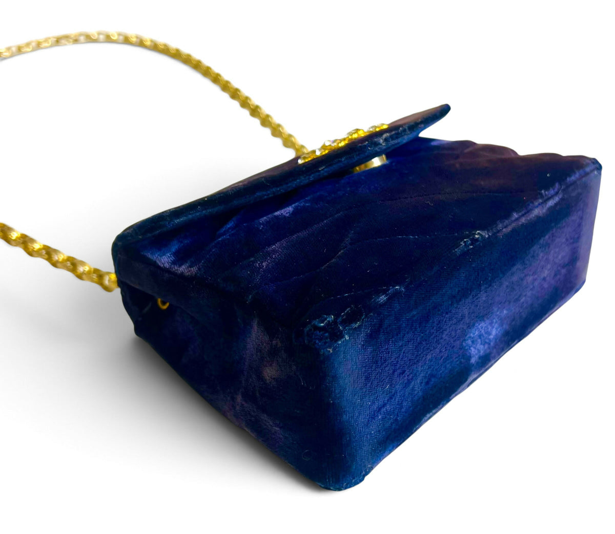 Chanel 1991-1994 Navy Blue Velvet Crystal 24K Bijoux Mini Square Chevron Classic Flap Bag