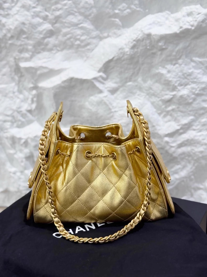 Chanel 25 hobo Mini metallic gold leather and chain