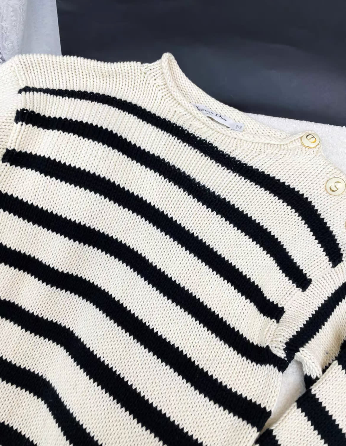 Dior F36 black and white striped CD button knitted sweater