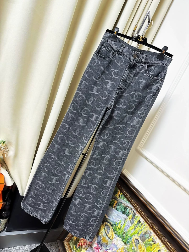 Chanel 23B black and gray graffiti double C logo straight jeans