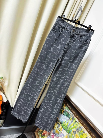 Chanel 23B black and gray graffiti double C logo straight jeans