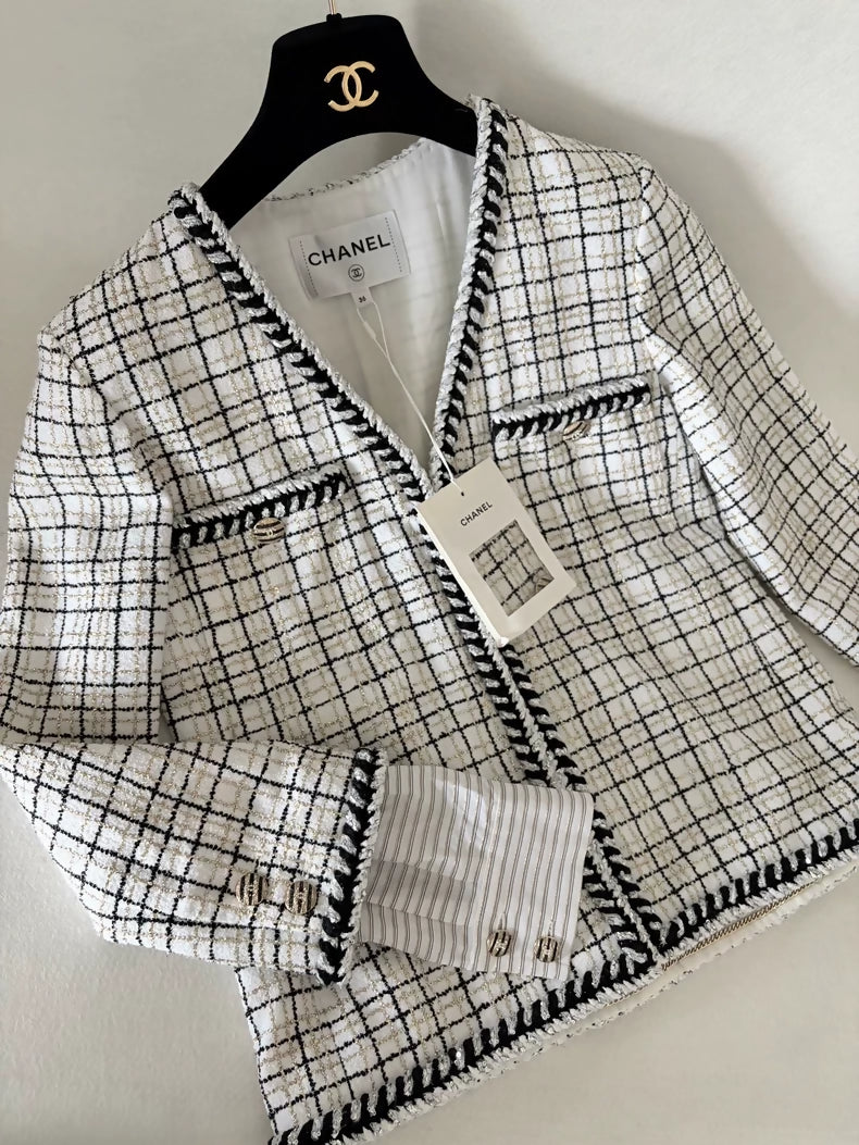 Chanel 24C Gold Black and White Check Tweed Jacket