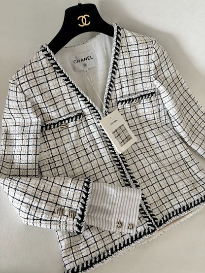 Chanel 24C Gold Black and White Check Tweed Jacket