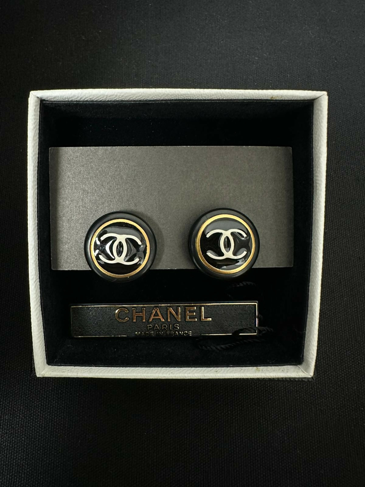 Chanel Vintage 96 Enamel Black Button Clip-on Earrings