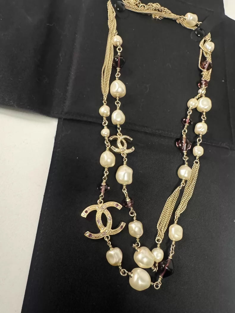 Chanel 12A Bombay Collection Purple Grape Glass Pearl Double Layer Necklace