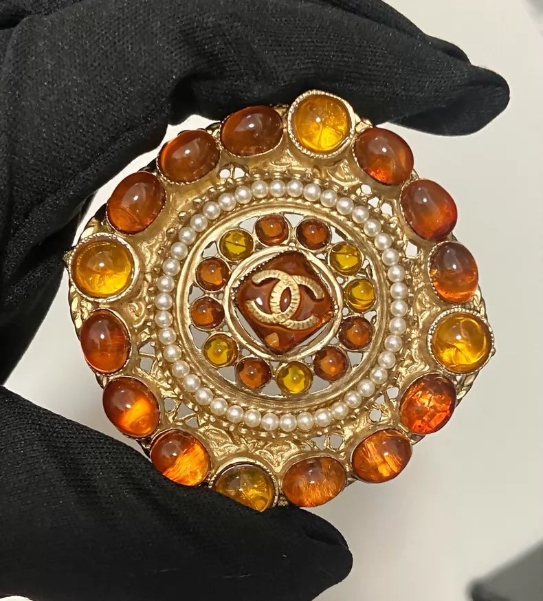 Chanel Amber Glass Pearl Byzantine Brooch