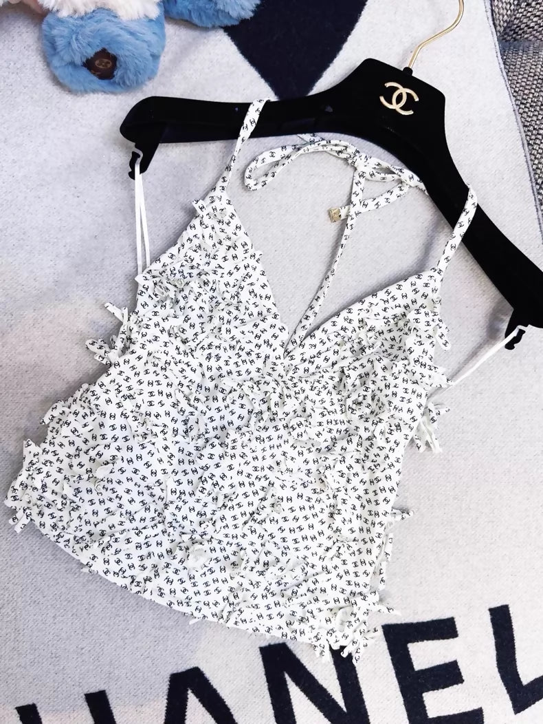 Chanel White Camisole with All-over Black Logo Print and 3D Floral Design