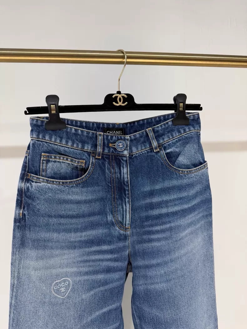 Chanel 24b heart embroidered graffiti blue straight leg jeans