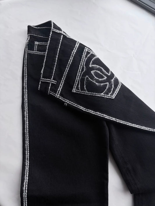 Chanel 24N Black Straight-Leg Trousers with white Stripe Trim