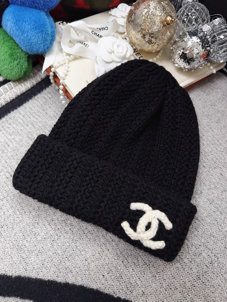 Chanel black and white double-C logo beanie