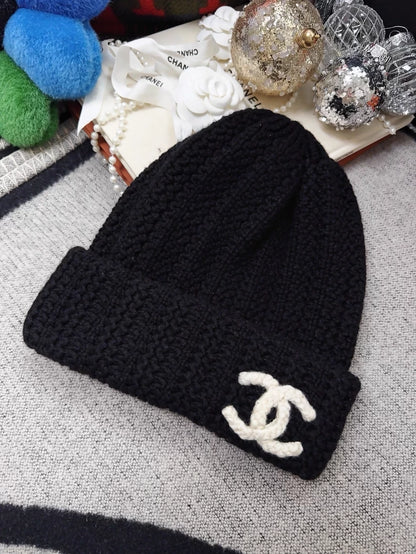 Chanel black and white double-C logo beanie