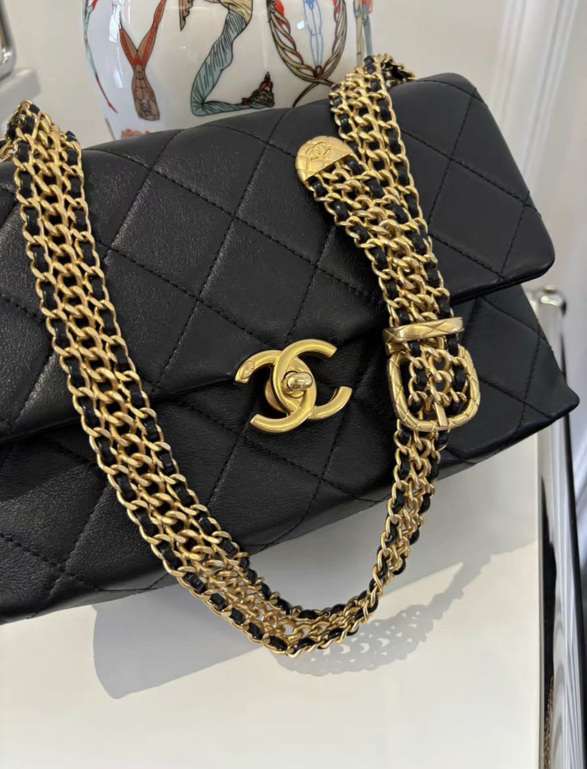 Chanel23s black gold cowhide metal braided belt shoulder strap