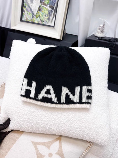 Chanel black and white logo cashmere beanie