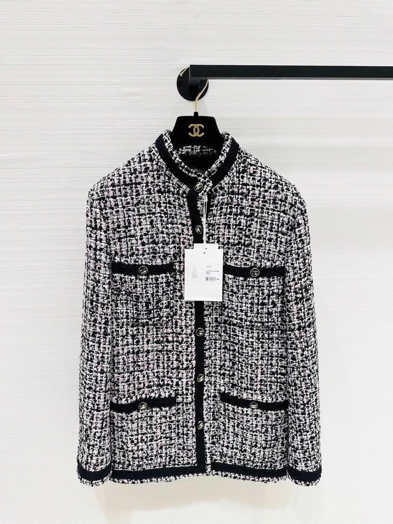 Chanel 23P Gray tweed jacket with black trim