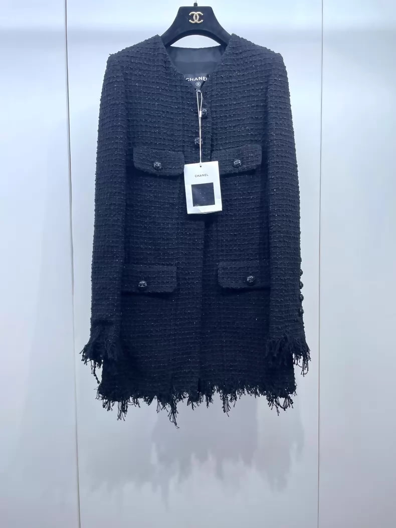 Chanel 22C black shimmering tassel tweed jacket