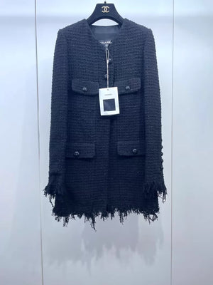 Chanel 22C black shimmering tassel tweed jacket
