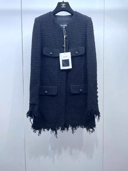 Chanel 22C black shimmering tassel tweed jacket