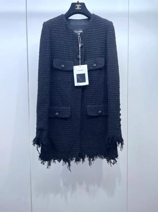 Chanel 22C black shimmering tassel tweed jacket