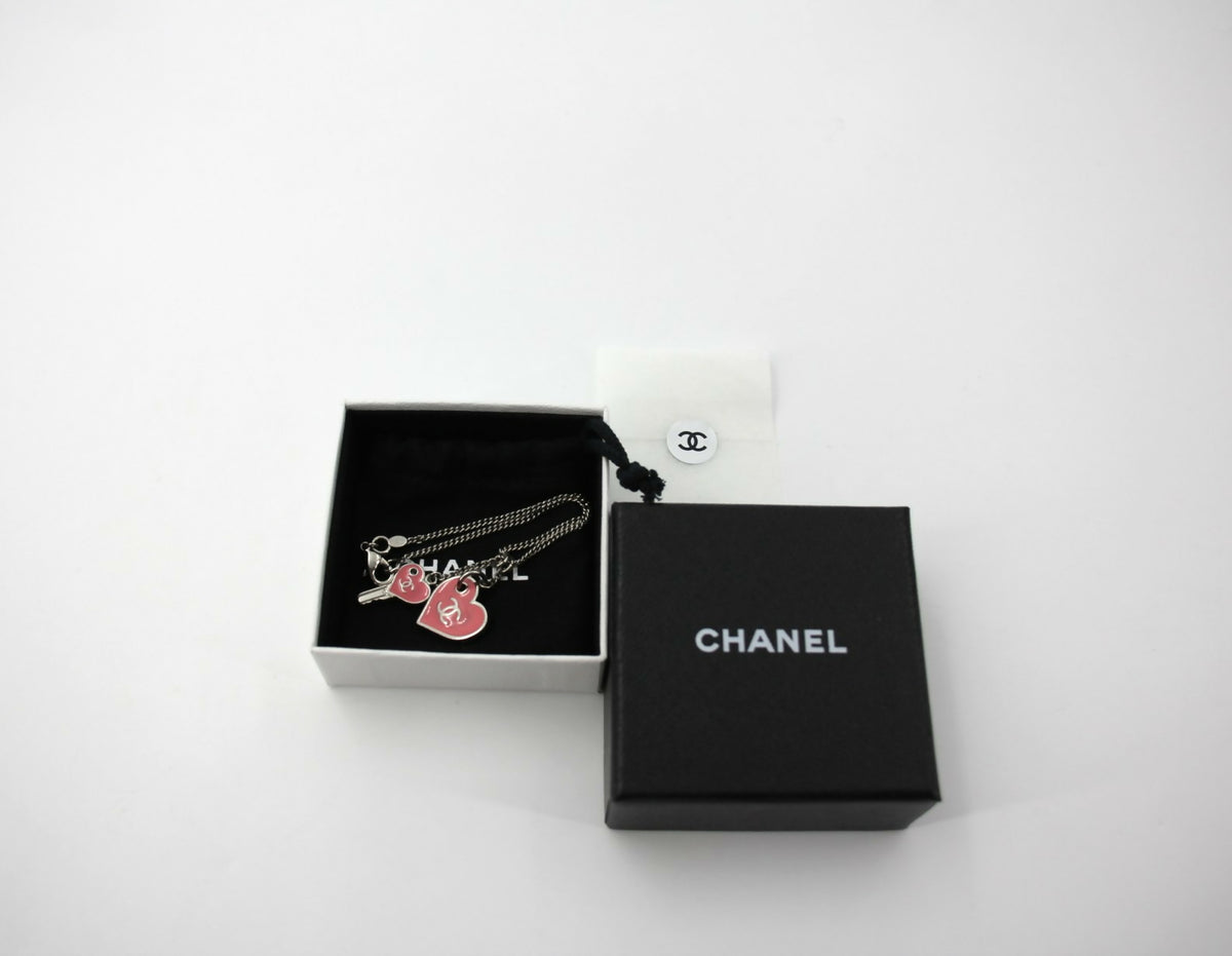 Chanel 07P Enamel Pink Heart Key Charm Silver Chain Bracelet