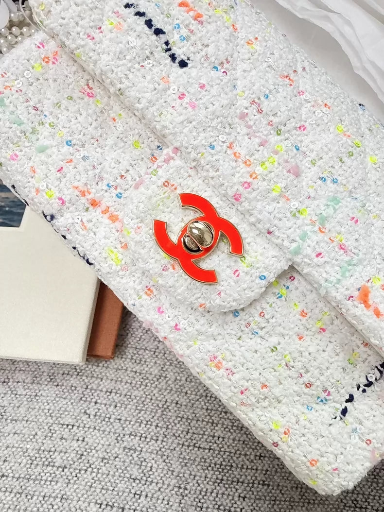 Chanel 24C white sequined tweed Min Flap CF chain bag