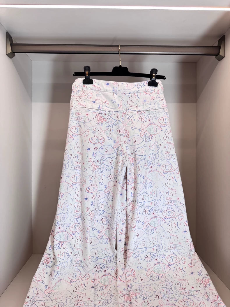 Chanel 25c white denim wide-leg pants with fish prints