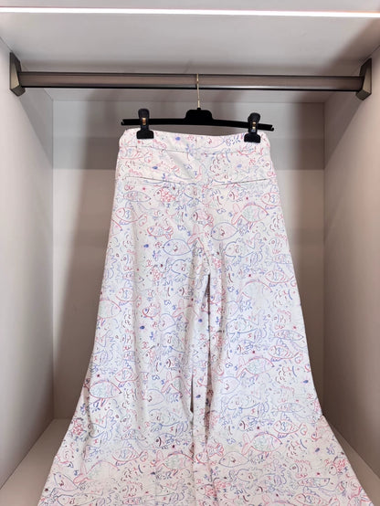 Chanel 25c white denim wide-leg pants with fish prints