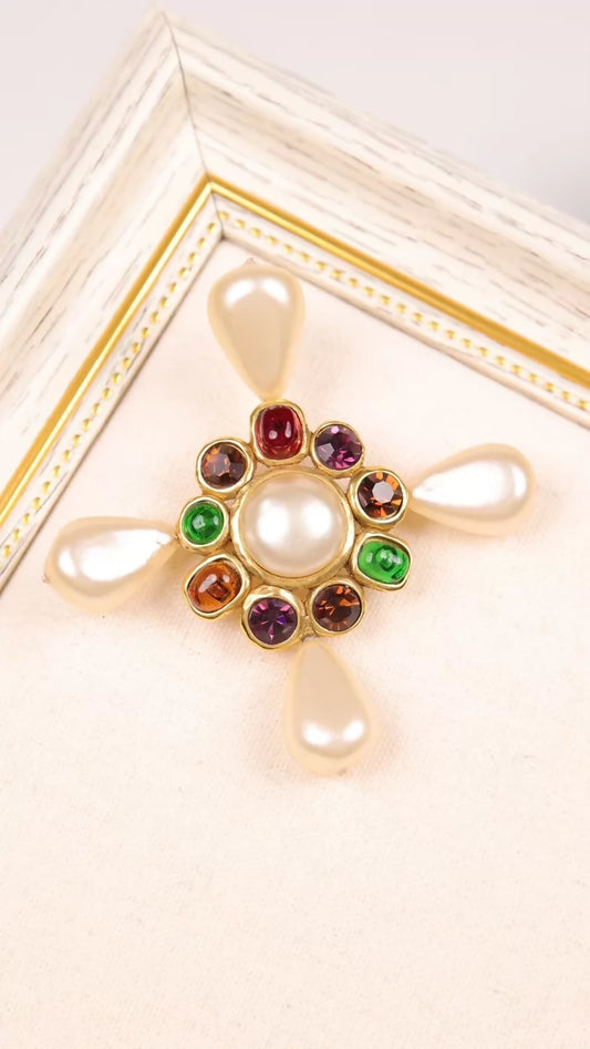 Chanel 1991 White Cross Pearl Colored Glass Brooch