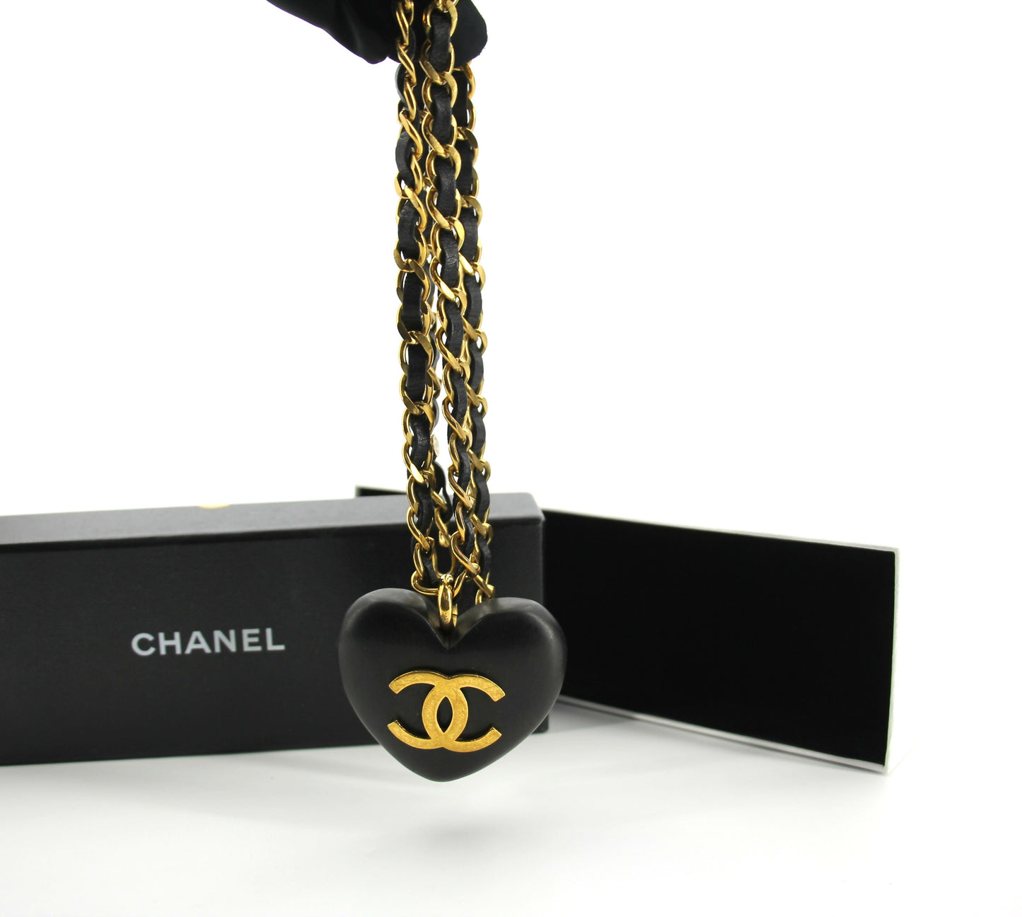 Chanel Vintage 91 Wooden Heart CC & Leather Chain Necklace